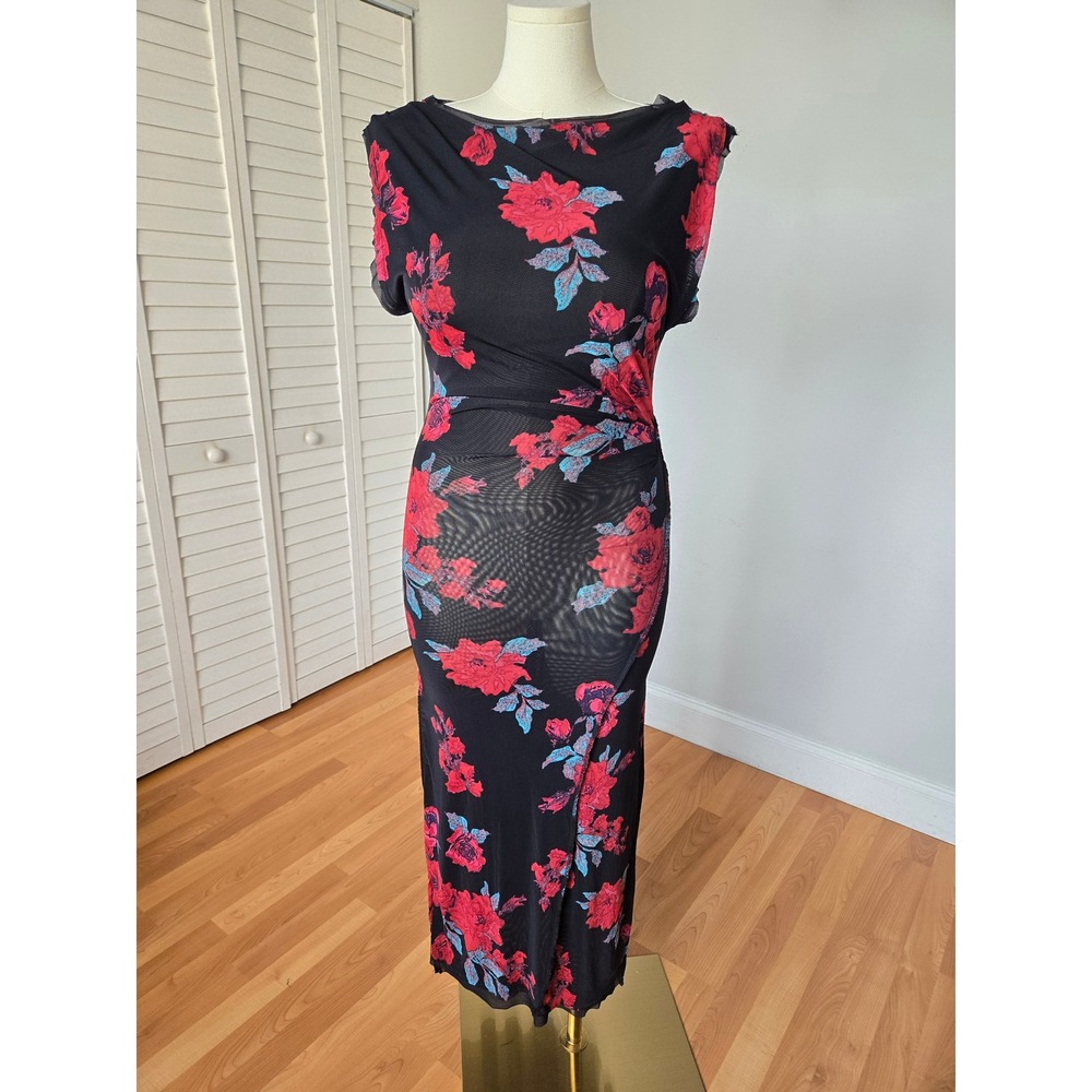 Free People Camel Black Red Floral Mesh Midi Dress M Romantic 90s Whimsigoth
